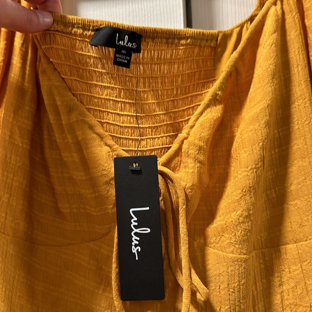 NWT- LULUs Tender Memories Yellow Tiered Ruffled Balloon Sleeve Mini Dress. L - Picture 8 of 13